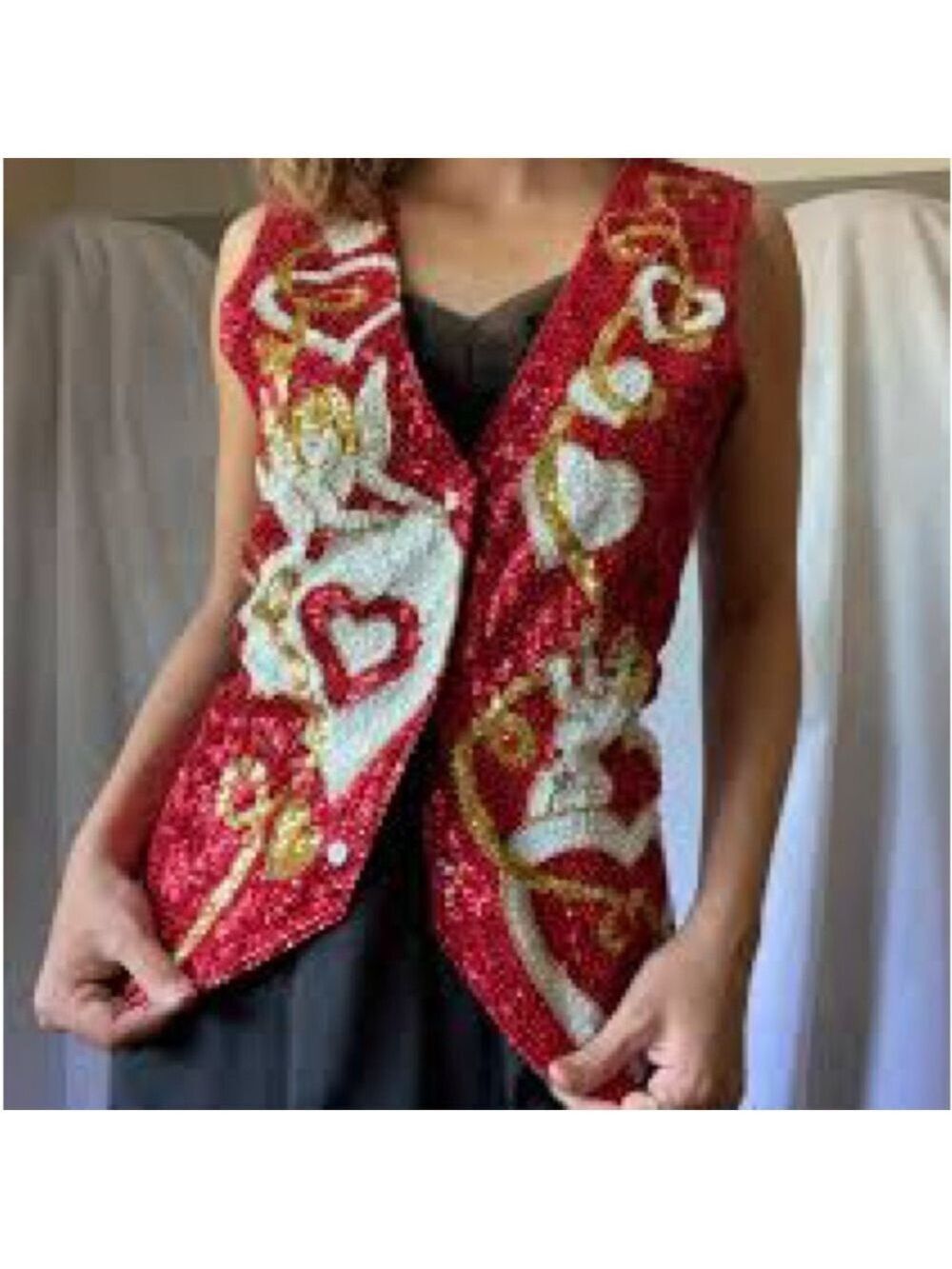 Vintage 90s Sequin Cupid Heart Vest Valentine's Day holiday